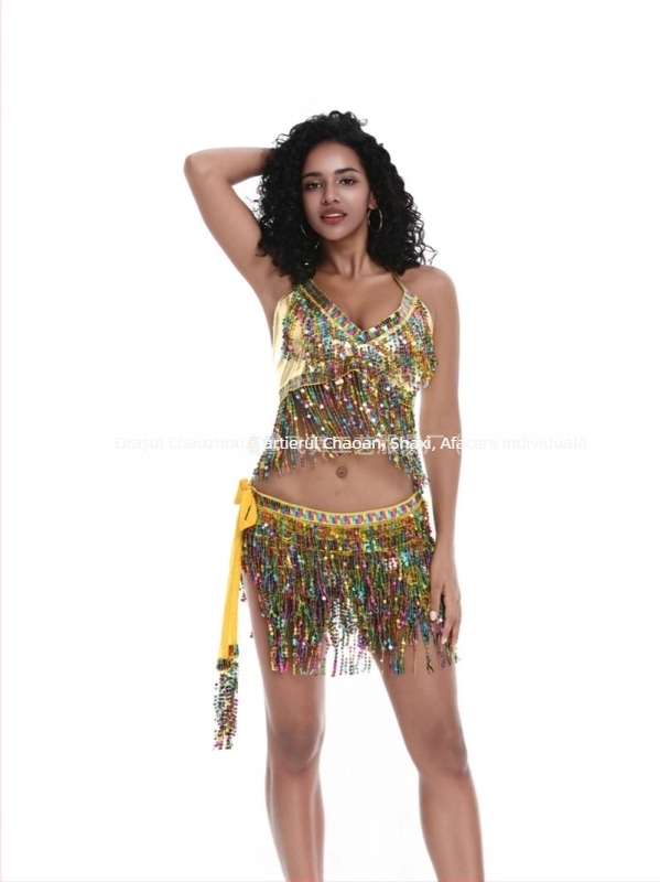 Costum de scenă pentru pole dance și belly dance, paiete și ciucuri, material chiffon, nylon 50–70%, Primăvara 2025
