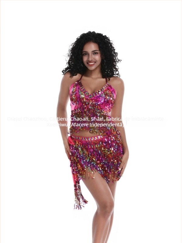 Costum de scenă pentru pole dance și belly dance, paiete și ciucuri, material chiffon, nylon 50–70%, Primăvara 2025