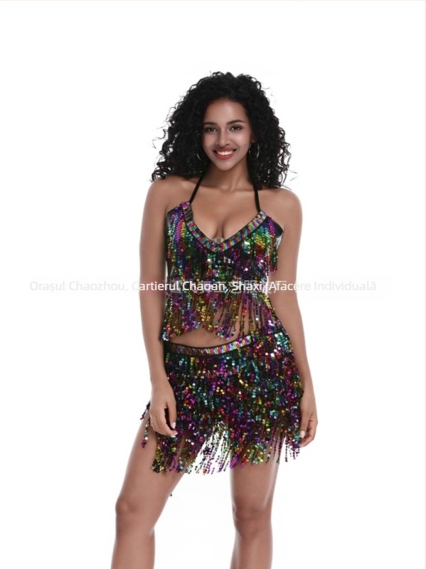 Costum de scenă pentru pole dance și belly dance, paiete și ciucuri, material chiffon, nylon 50–70%, Primăvara 2025