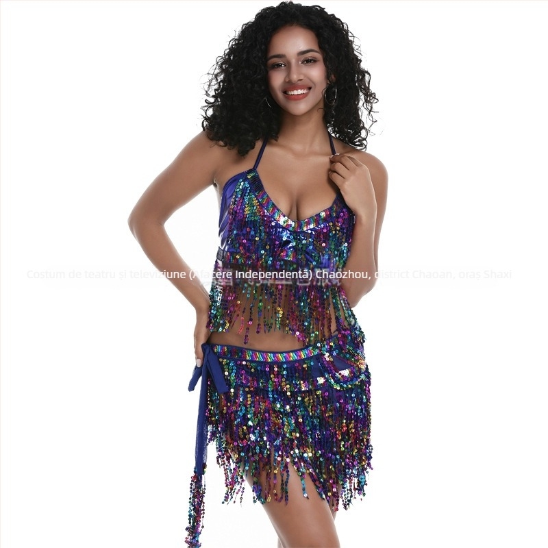 Costum de scenă pentru pole dance și belly dance, paiete și ciucuri, material chiffon, nylon 50–70%, Primăvara 2025