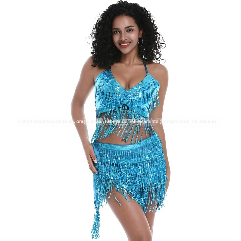 Costum de scenă pentru pole dance și belly dance, paiete și ciucuri, material chiffon, nylon 50–70%, Primăvara 2025