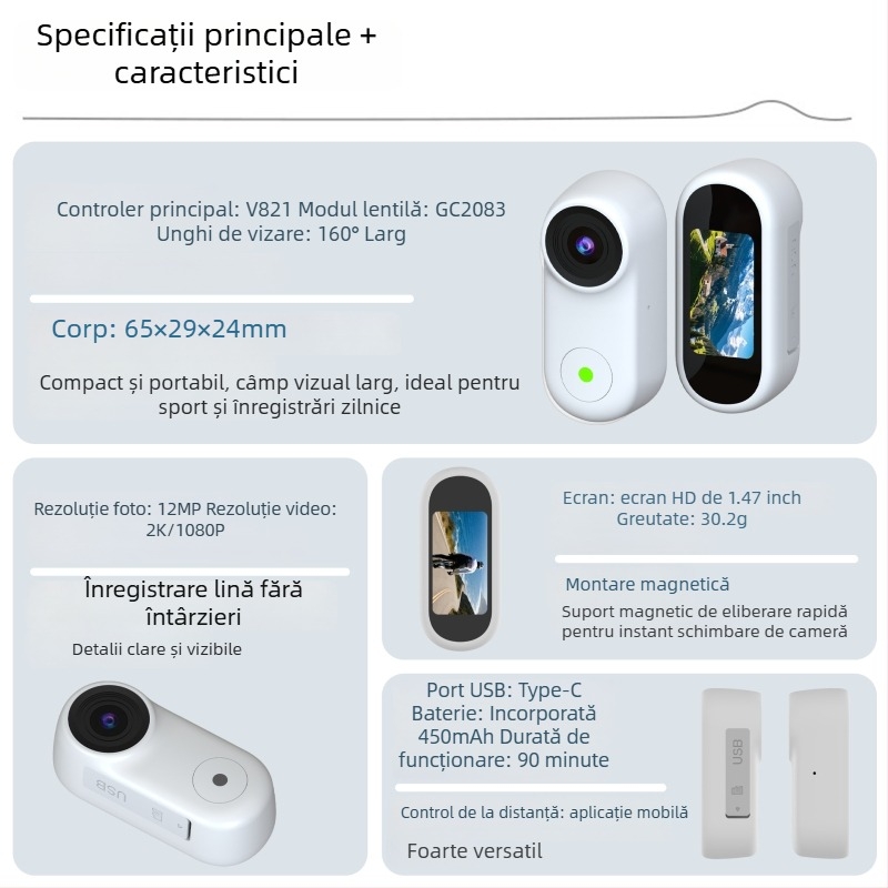 Cameră sport pentru deget cu prindere magnetică, ecran HD de 1,47 inchi, lentilă GC2083 160°, 5–12 MP, card TF