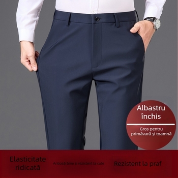Pantaloni bărbați business casual drepti, cu material gros de iarnă, talie medie-înaltă, rezistenți la cute, velur