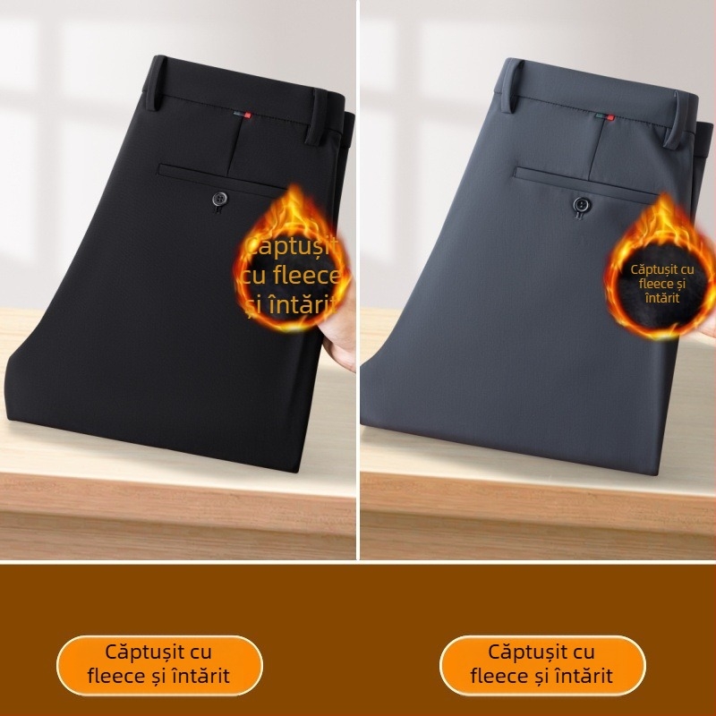 Pantaloni bărbați business casual drepti, cu material gros de iarnă, talie medie-înaltă, rezistenți la cute, velur