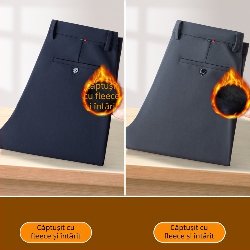 Pantaloni bărbați business casual drepti, cu material gros de iarnă, talie medie-înaltă, rezistenți la cute, velur