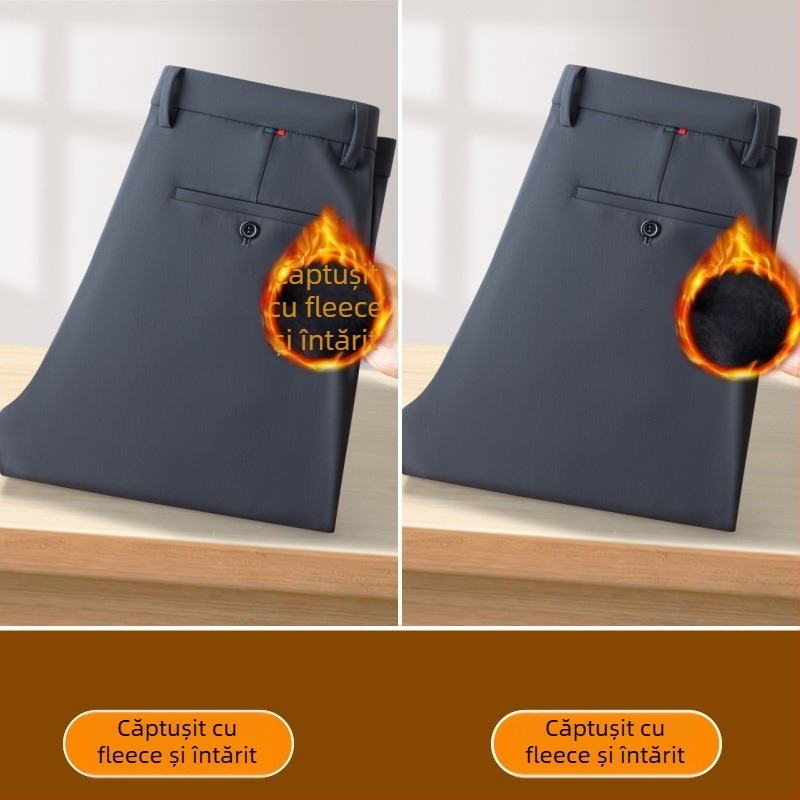 Pantaloni bărbați business casual drepti, cu material gros de iarnă, talie medie-înaltă, rezistenți la cute, velur