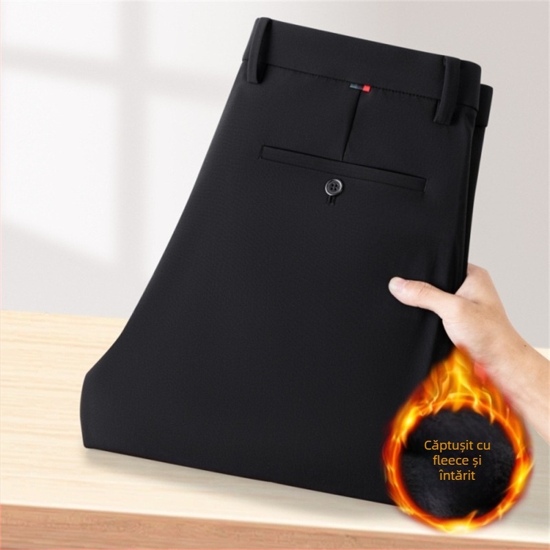 Pantaloni bărbați business casual drepti, cu material gros de iarnă, talie medie-înaltă, rezistenți la cute, velur