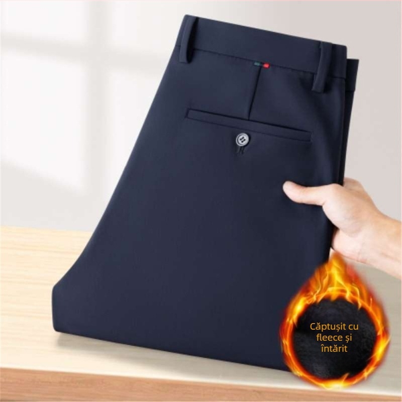 Pantaloni bărbați business casual drepti, cu material gros de iarnă, talie medie-înaltă, rezistenți la cute, velur
