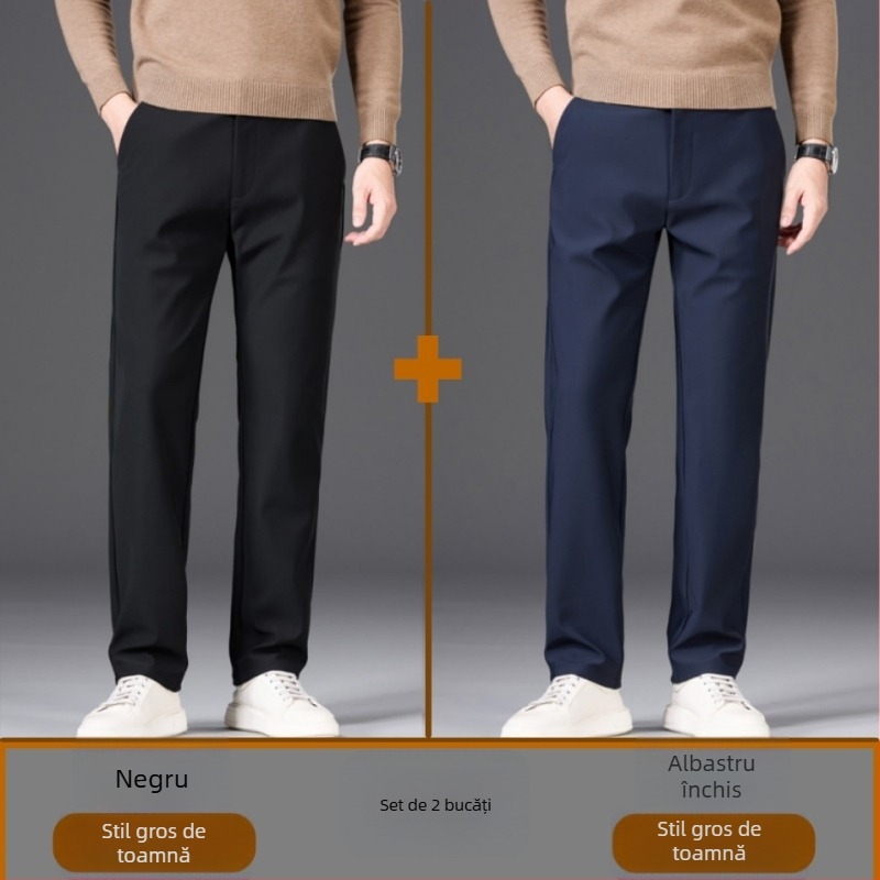 Pantaloni bărbați business casual drepti, cu material gros de iarnă, talie medie-înaltă, rezistenți la cute, velur