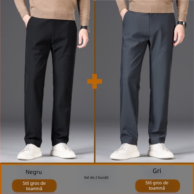 Pantaloni bărbați business casual drepti, cu material gros de iarnă, talie medie-înaltă, rezistenți la cute, velur