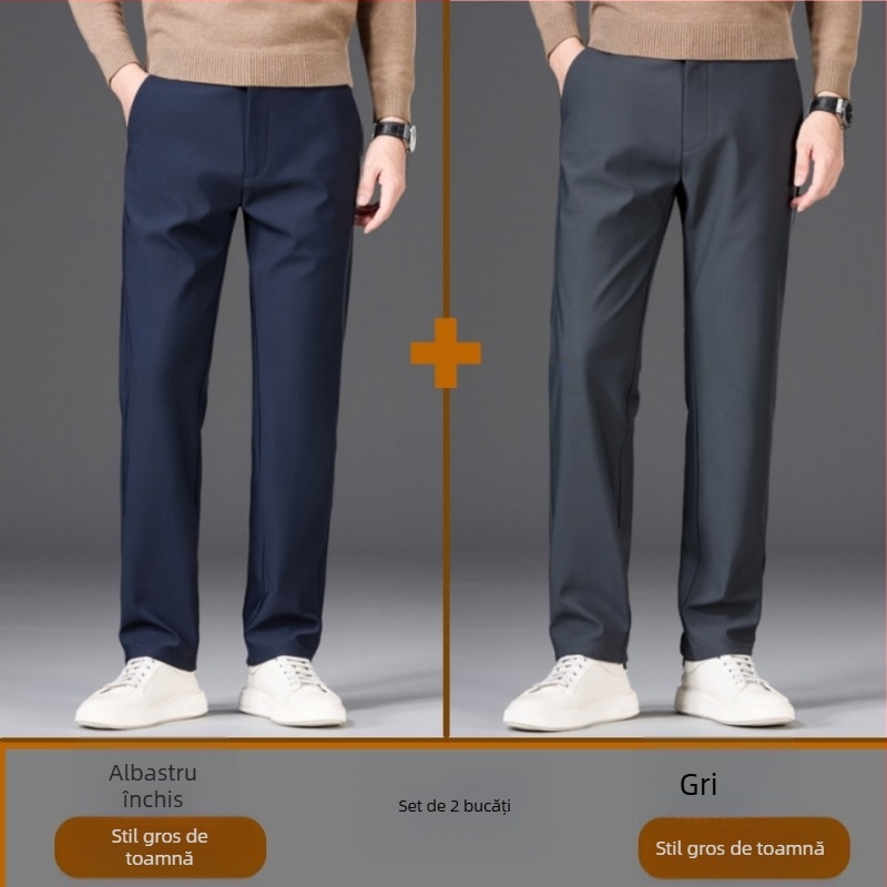 Pantaloni bărbați business casual drepti, cu material gros de iarnă, talie medie-înaltă, rezistenți la cute, velur