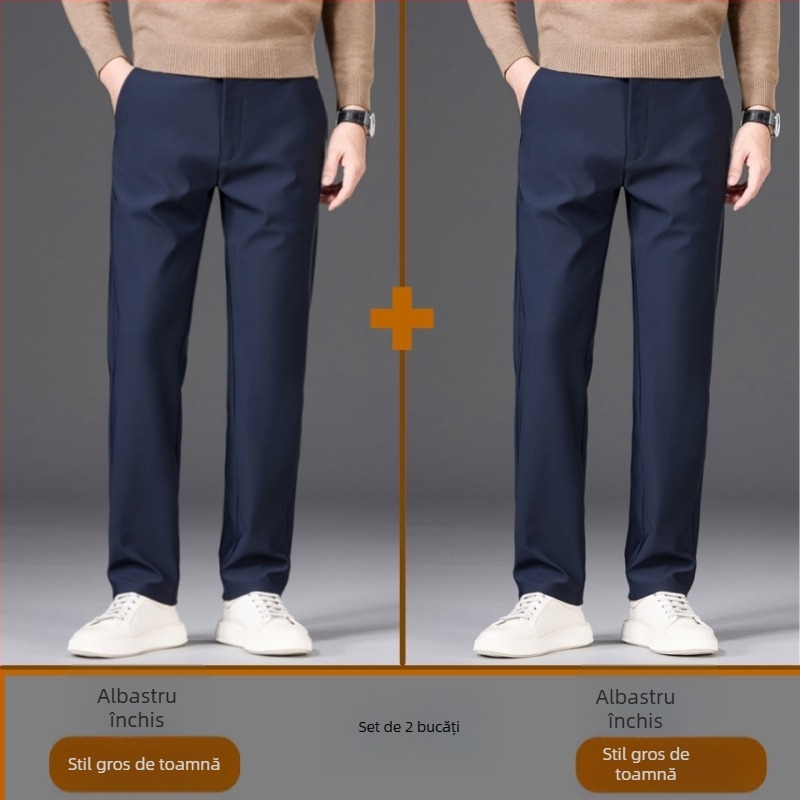 Pantaloni bărbați business casual drepti, cu material gros de iarnă, talie medie-înaltă, rezistenți la cute, velur