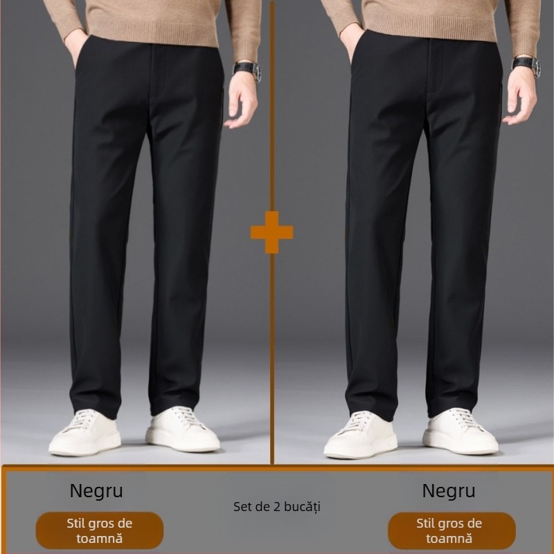 Pantaloni bărbați business casual drepti, cu material gros de iarnă, talie medie-înaltă, rezistenți la cute, velur