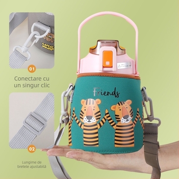 Husă pentru pahar cu design animat și curea diagonală, material textil, imprimare logo, personalizare disponibilă, Gold wheel premium, ambalaj 7x18x29 cm