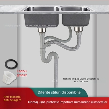 Set de drenaj pentru chiuveta de bucătărie, pentru chiuvete cu o singură și cu două bazine, din ABS plastic și oțel inoxidabil, design modern minimalist
