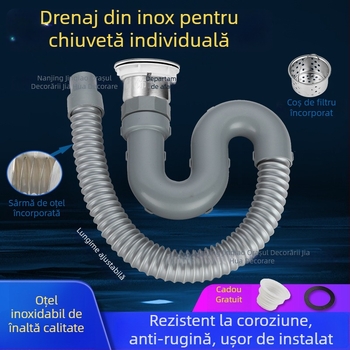 Set de drenaj pentru chiuveta de bucătărie, pentru chiuvete cu o singură și cu două bazine, din ABS plastic și oțel inoxidabil, design modern minimalist