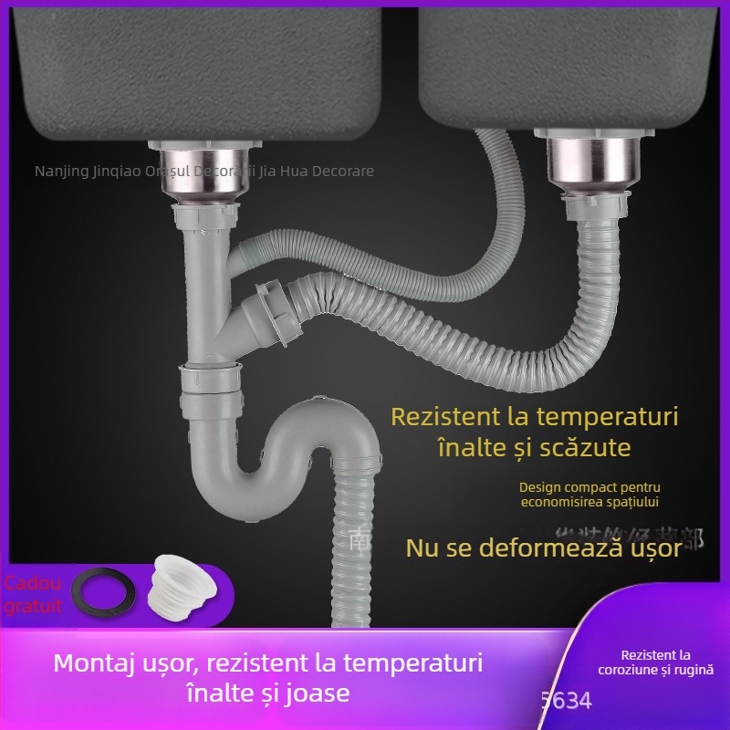 Set de drenaj pentru chiuveta de bucătărie, pentru chiuvete cu o singură și cu două bazine, din ABS plastic și oțel inoxidabil, design modern minimalist