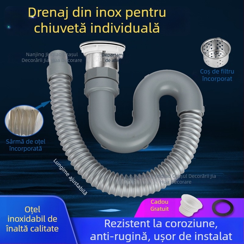 Set de drenaj pentru chiuveta de bucătărie, pentru chiuvete cu o singură și cu două bazine, din ABS plastic și oțel inoxidabil, design modern minimalist