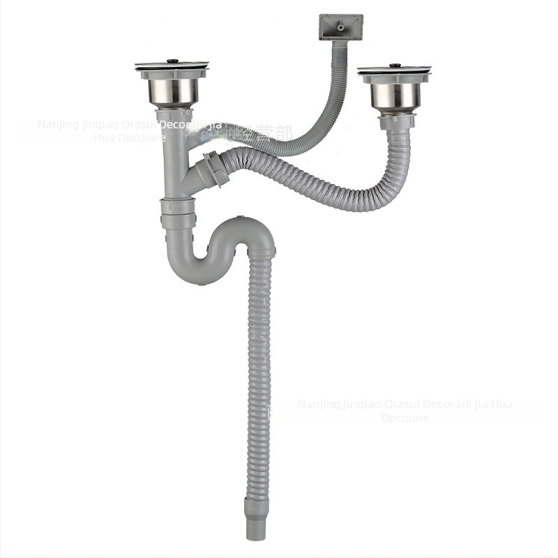 Set de drenaj pentru chiuveta de bucătărie, pentru chiuvete cu o singură și cu două bazine, din ABS plastic și oțel inoxidabil, design modern minimalist