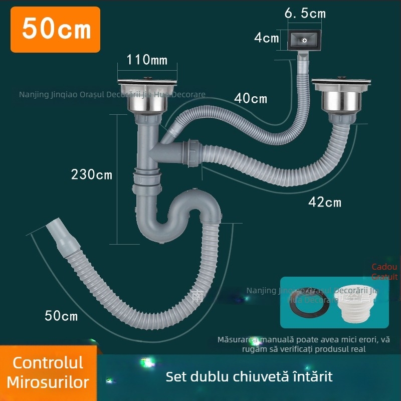 Set de drenaj pentru chiuveta de bucătărie, pentru chiuvete cu o singură și cu două bazine, din ABS plastic și oțel inoxidabil, design modern minimalist