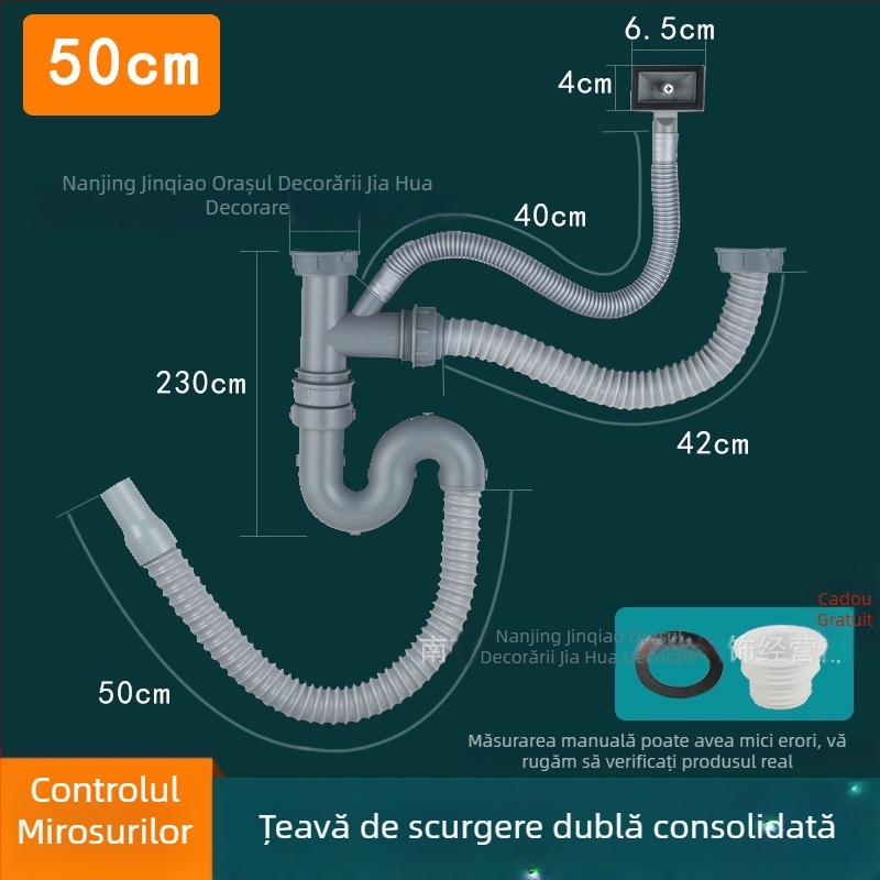 Set de drenaj pentru chiuveta de bucătărie, pentru chiuvete cu o singură și cu două bazine, din ABS plastic și oțel inoxidabil, design modern minimalist