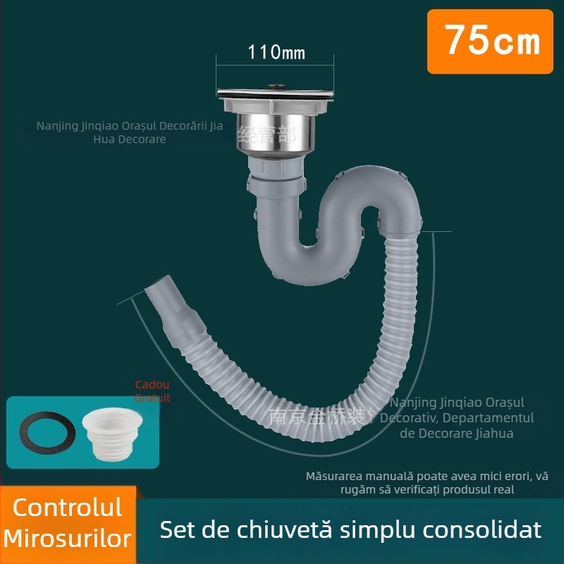 Set de drenaj pentru chiuveta de bucătărie, pentru chiuvete cu o singură și cu două bazine, din ABS plastic și oțel inoxidabil, design modern minimalist