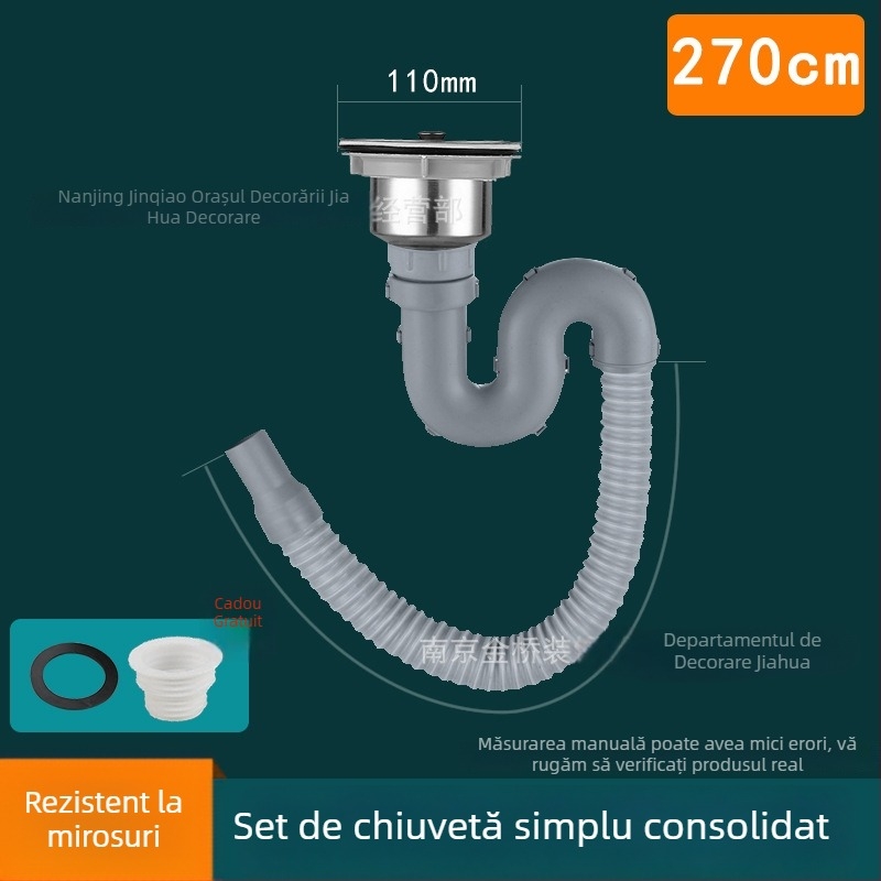 Set de drenaj pentru chiuveta de bucătărie, pentru chiuvete cu o singură și cu două bazine, din ABS plastic și oțel inoxidabil, design modern minimalist