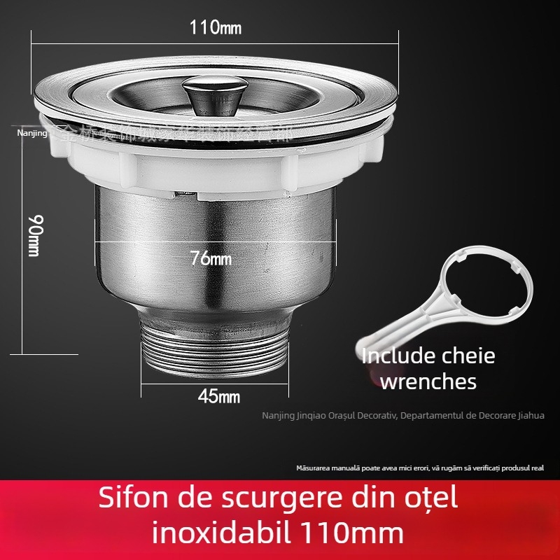 Set de drenaj pentru chiuveta de bucătărie, pentru chiuvete cu o singură și cu două bazine, din ABS plastic și oțel inoxidabil, design modern minimalist