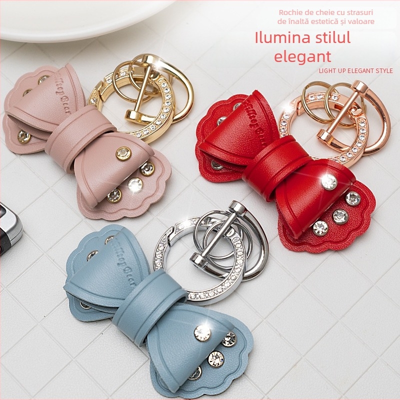 Pandantiv pentru chei auto din piele, cu funda diamantată, design simplu, personalizare disponibilă