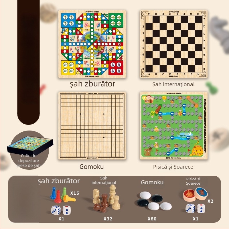 Joc de masă pentru copii: tablă de șah multifuncțională 10 în 1 cu spațiu de depozitare, tablă dublă pentru dame, Flying Chess și șah — din plastic; vârsta 4–14; cutie color; Chengke Toys