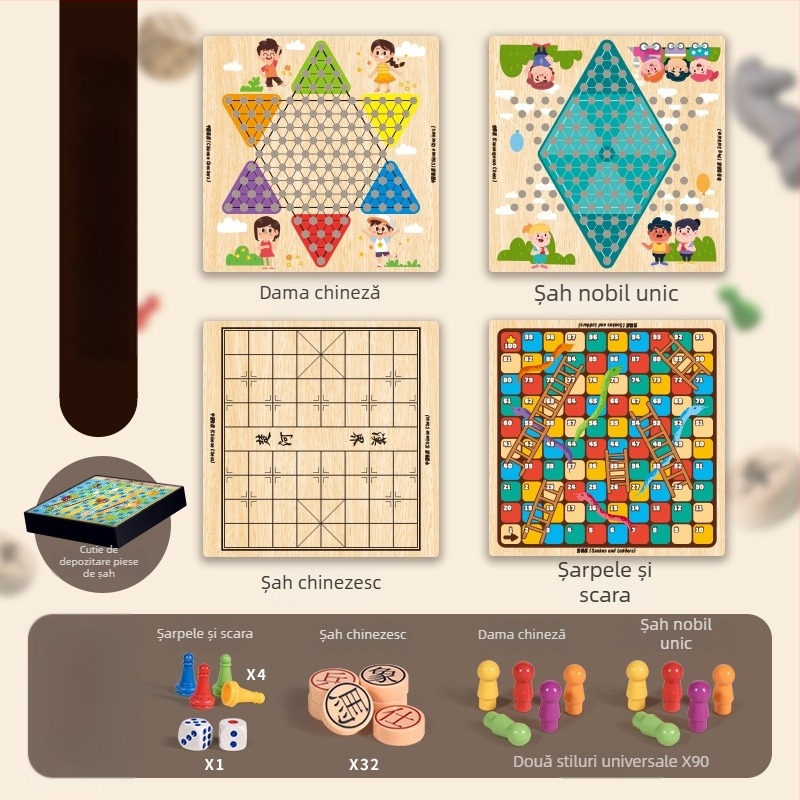 Joc de masă pentru copii: tablă de șah multifuncțională 10 în 1 cu spațiu de depozitare, tablă dublă pentru dame, Flying Chess și șah — din plastic; vârsta 4–14; cutie color; Chengke Toys