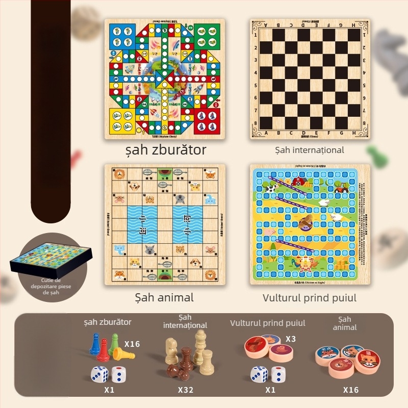 Joc de masă pentru copii: tablă de șah multifuncțională 10 în 1 cu spațiu de depozitare, tablă dublă pentru dame, Flying Chess și șah — din plastic; vârsta 4–14; cutie color; Chengke Toys