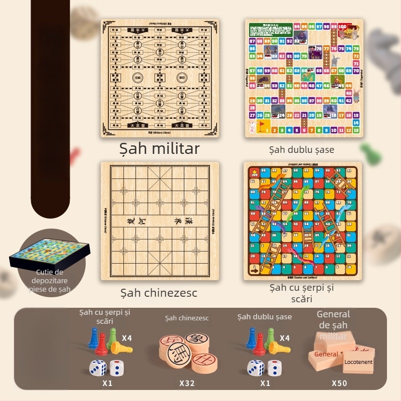 Joc de masă pentru copii: tablă de șah multifuncțională 10 în 1 cu spațiu de depozitare, tablă dublă pentru dame, Flying Chess și șah — din plastic; vârsta 4–14; cutie color; Chengke Toys