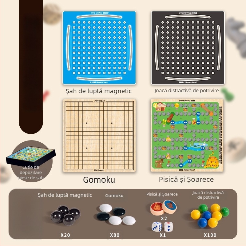 Joc de masă pentru copii: tablă de șah multifuncțională 10 în 1 cu spațiu de depozitare, tablă dublă pentru dame, Flying Chess și șah — din plastic; vârsta 4–14; cutie color; Chengke Toys