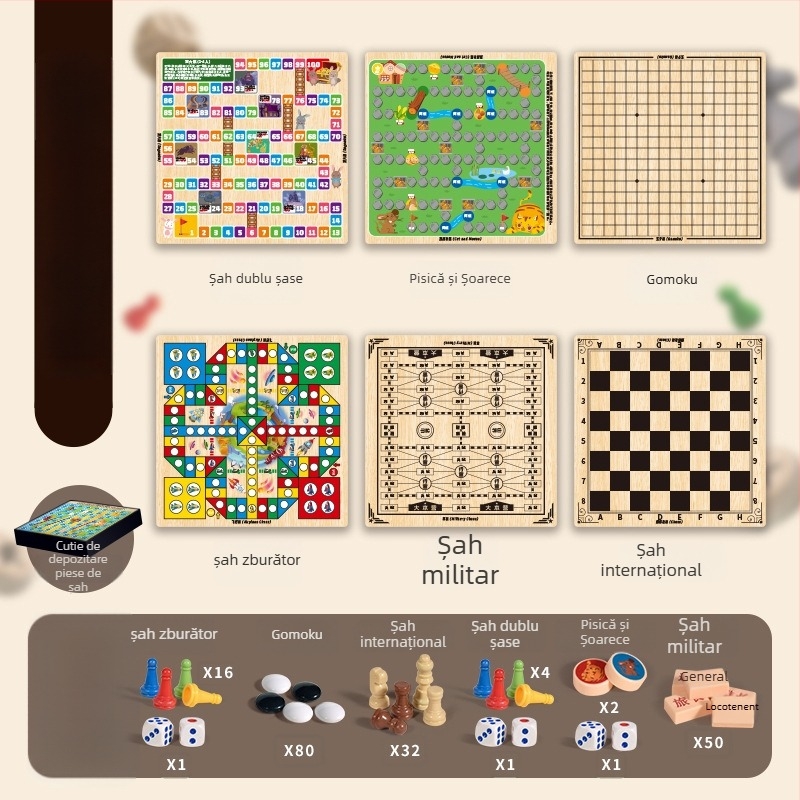 Joc de masă pentru copii: tablă de șah multifuncțională 10 în 1 cu spațiu de depozitare, tablă dublă pentru dame, Flying Chess și șah — din plastic; vârsta 4–14; cutie color; Chengke Toys