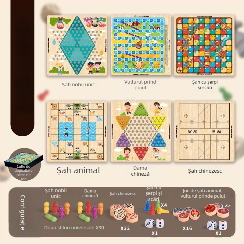 Joc de masă pentru copii: tablă de șah multifuncțională 10 în 1 cu spațiu de depozitare, tablă dublă pentru dame, Flying Chess și șah — din plastic; vârsta 4–14; cutie color; Chengke Toys