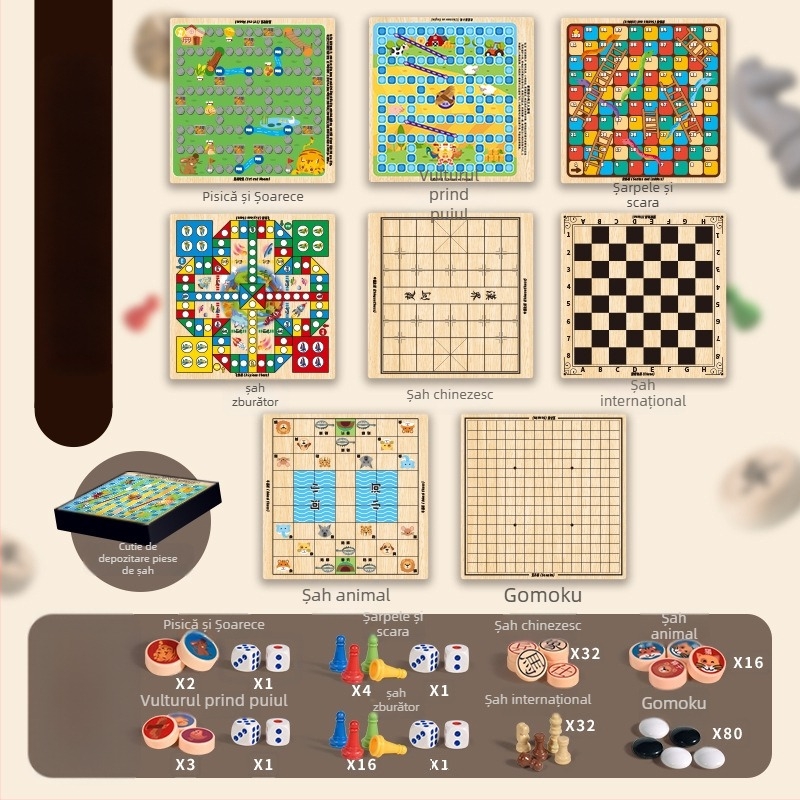 Joc de masă pentru copii: tablă de șah multifuncțională 10 în 1 cu spațiu de depozitare, tablă dublă pentru dame, Flying Chess și șah — din plastic; vârsta 4–14; cutie color; Chengke Toys