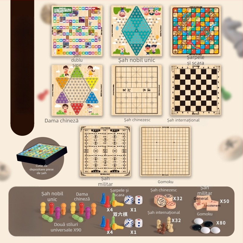 Joc de masă pentru copii: tablă de șah multifuncțională 10 în 1 cu spațiu de depozitare, tablă dublă pentru dame, Flying Chess și șah — din plastic; vârsta 4–14; cutie color; Chengke Toys