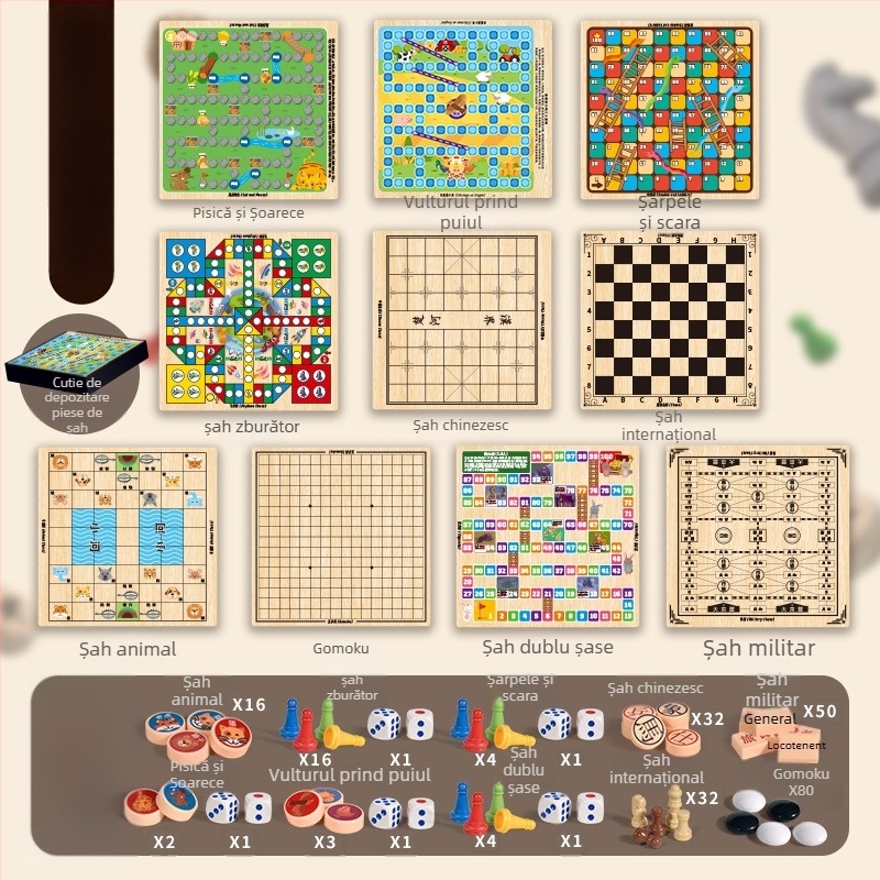 Joc de masă pentru copii: tablă de șah multifuncțională 10 în 1 cu spațiu de depozitare, tablă dublă pentru dame, Flying Chess și șah — din plastic; vârsta 4–14; cutie color; Chengke Toys