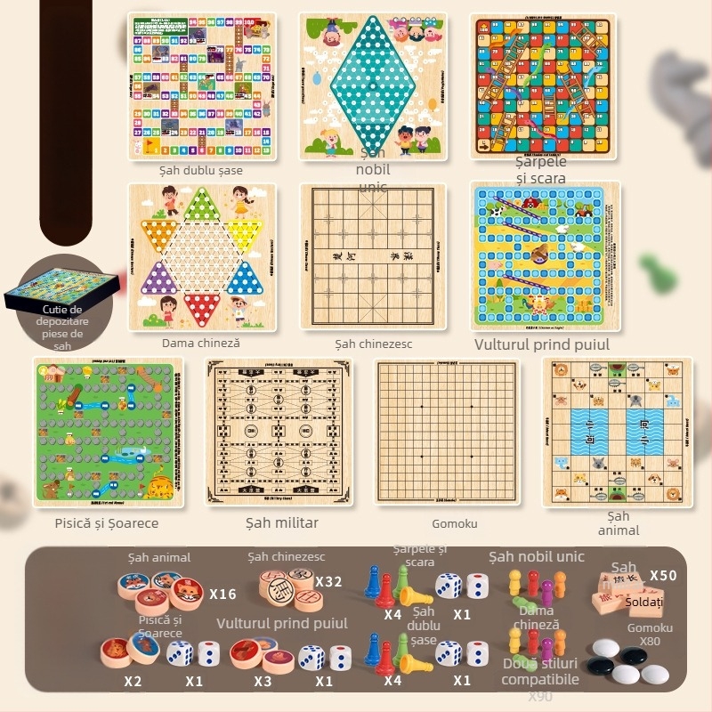 Joc de masă pentru copii: tablă de șah multifuncțională 10 în 1 cu spațiu de depozitare, tablă dublă pentru dame, Flying Chess și șah — din plastic; vârsta 4–14; cutie color; Chengke Toys