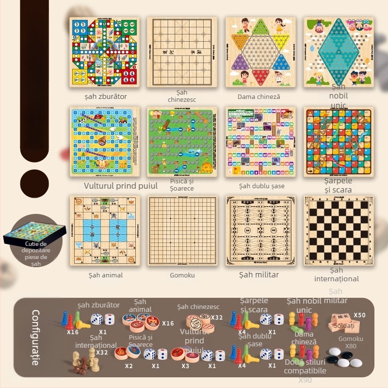 Joc de masă pentru copii: tablă de șah multifuncțională 10 în 1 cu spațiu de depozitare, tablă dublă pentru dame, Flying Chess și șah — din plastic; vârsta 4–14; cutie color; Chengke Toys