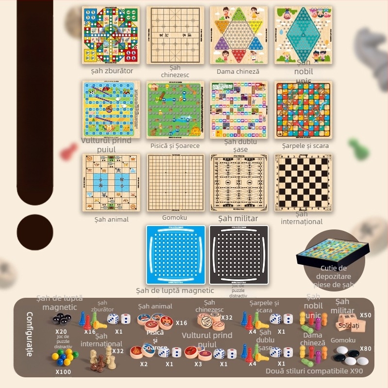 Joc de masă pentru copii: tablă de șah multifuncțională 10 în 1 cu spațiu de depozitare, tablă dublă pentru dame, Flying Chess și șah — din plastic; vârsta 4–14; cutie color; Chengke Toys