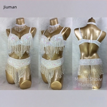 Costum de dans al abdomen cu sutien brodat manual și mărgele, set din trei piese, unisex, material Spandex, lansare primăvara 2025