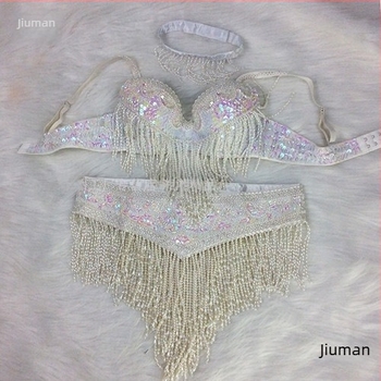 Costum de dans al abdomen cu sutien brodat manual și mărgele, set din trei piese, unisex, material Spandex, lansare primăvara 2025