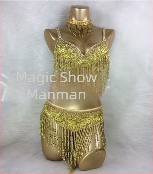 Costum de dans al abdomen cu sutien brodat manual și mărgele, set din trei piese, unisex, material Spandex, lansare primăvara 2025