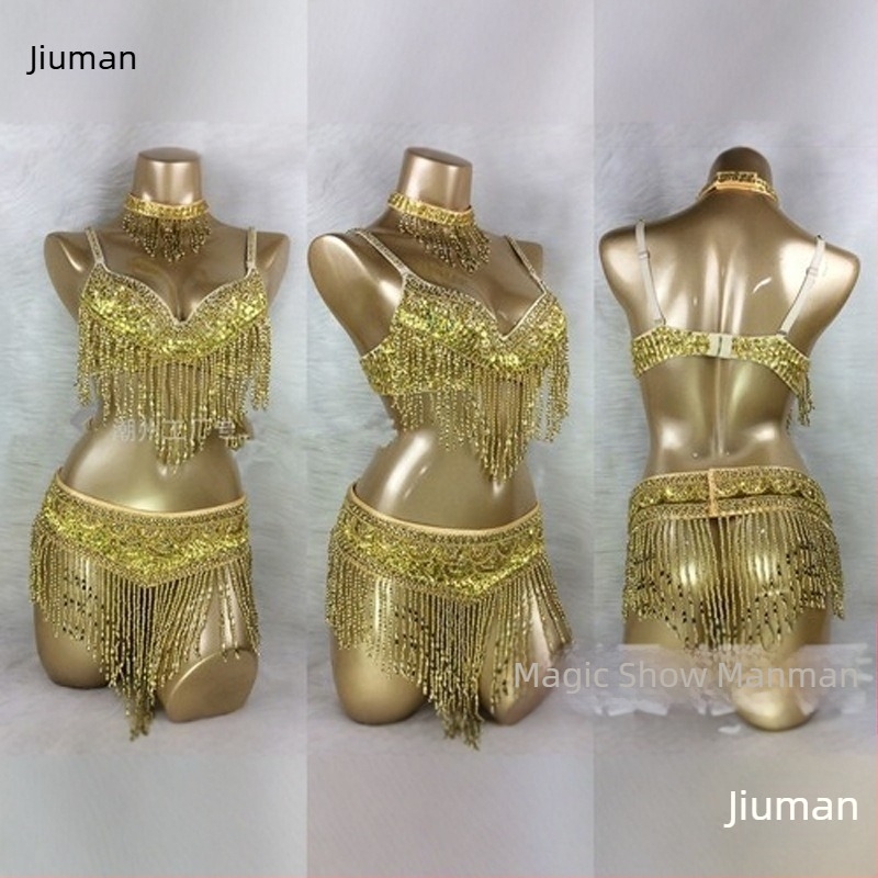 Costum de dans al abdomen cu sutien brodat manual și mărgele, set din trei piese, unisex, material Spandex, lansare primăvara 2025