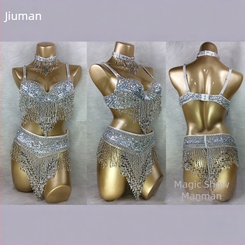 Costum de dans al abdomen cu sutien brodat manual și mărgele, set din trei piese, unisex, material Spandex, lansare primăvara 2025