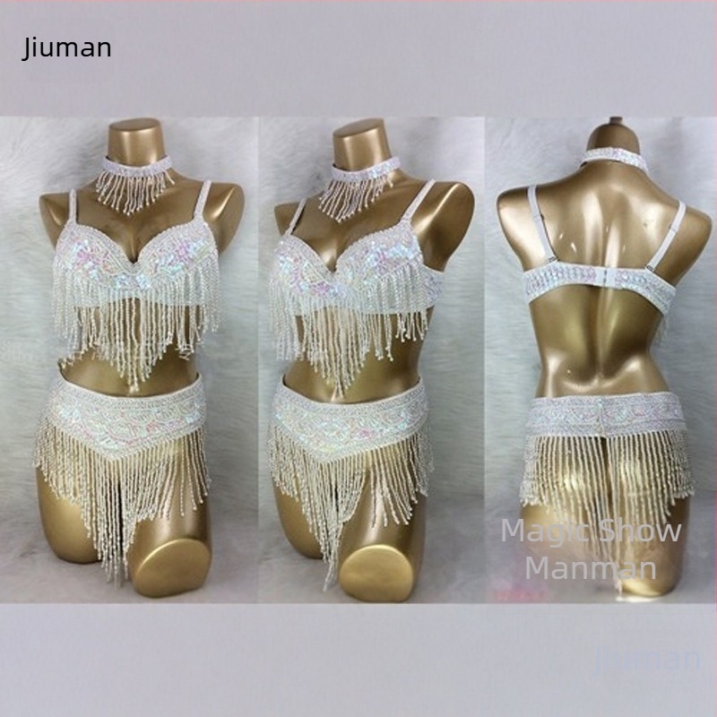 Costum de dans al abdomen cu sutien brodat manual și mărgele, set din trei piese, unisex, material Spandex, lansare primăvara 2025