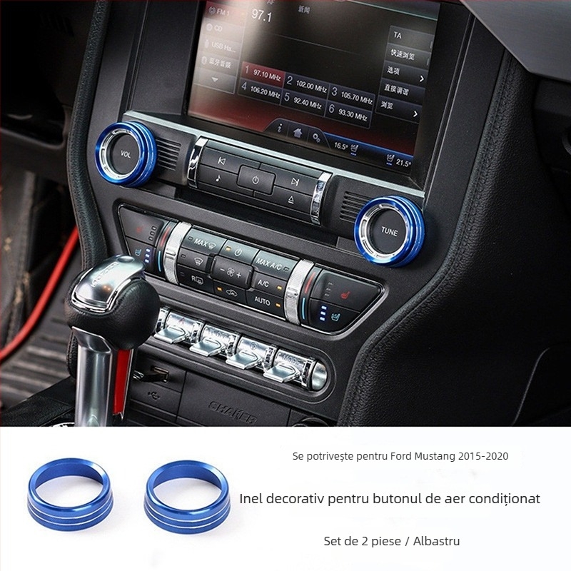 Inel decorativ pentru consola centrală și butonul de climatizare al Mustang, model FTym, compatibil cu 2015–2020, aliaj de aluminiu
