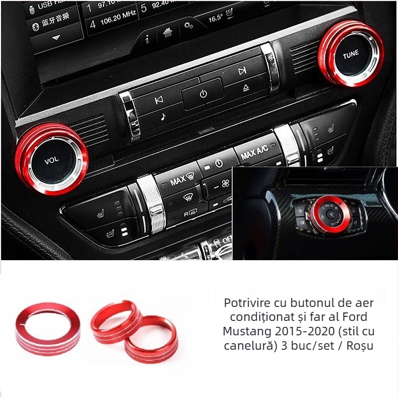 Inel decorativ pentru consola centrală și butonul de climatizare al Mustang, model FTym, compatibil cu 2015–2020, aliaj de aluminiu